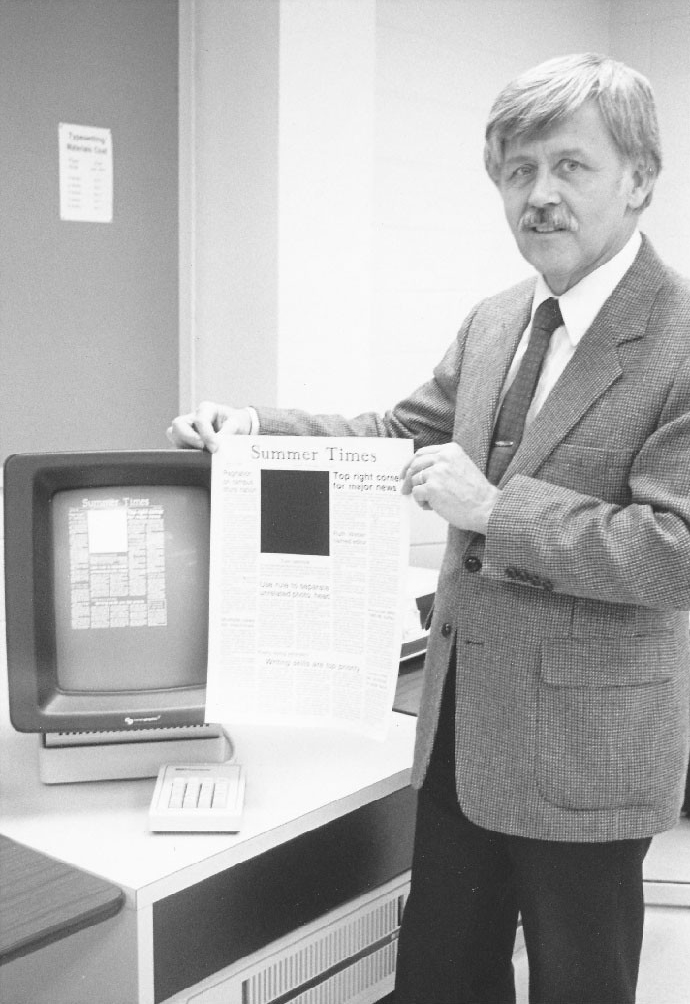 Compugraphic preview monitor showing a newspaper page layout in 1980